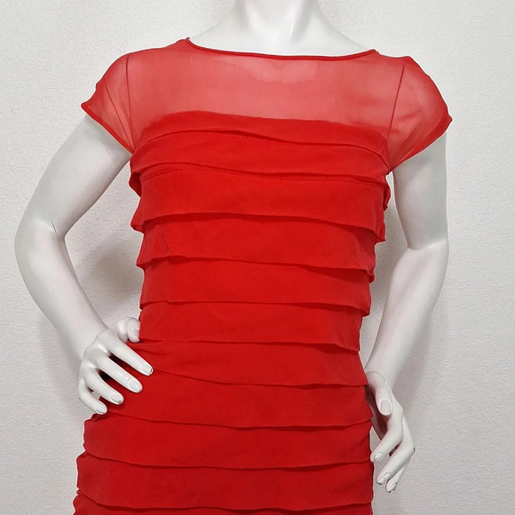Carmen Marc Valvo Classic Red Romantic Cocktail Sheer Silk Feminine Midi Dress 6 - Picture 2 of 10